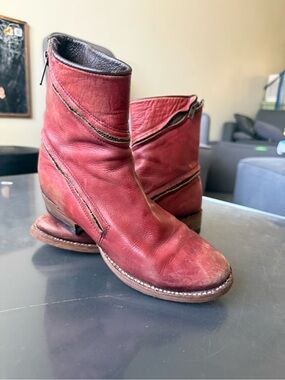 Free People distressed Red Leather Ankle Booties with Stitch Detail